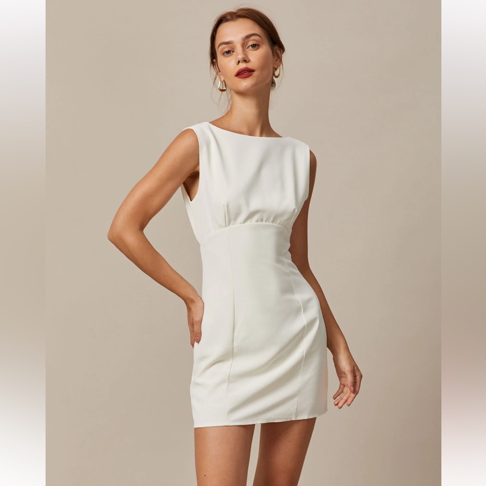 Rihoas The Beige Boat Neck Back Bowknot Mini Dress